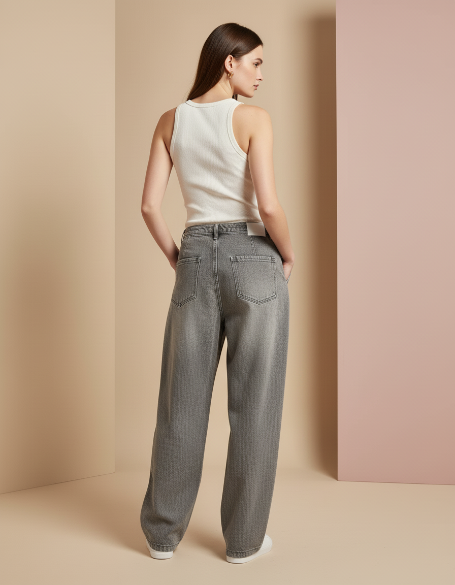 Pantalon Baggy Gris Plissé Ample Taille Haute Femme - Jean - vue 2
