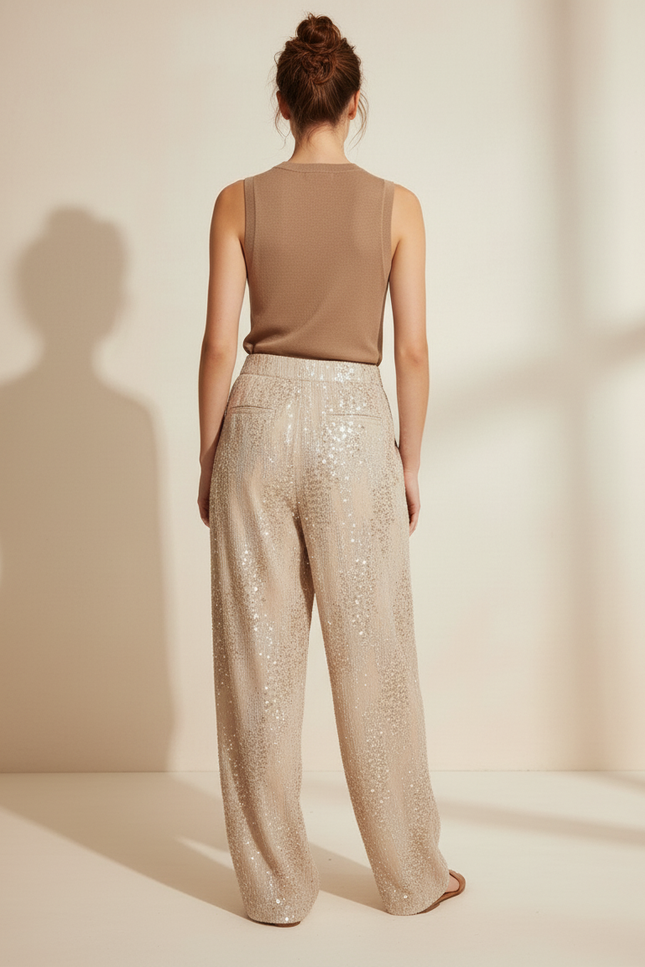 Pantalon Baggy Beige Pailleté Ample Brillant Femme - Polyester - vue 2