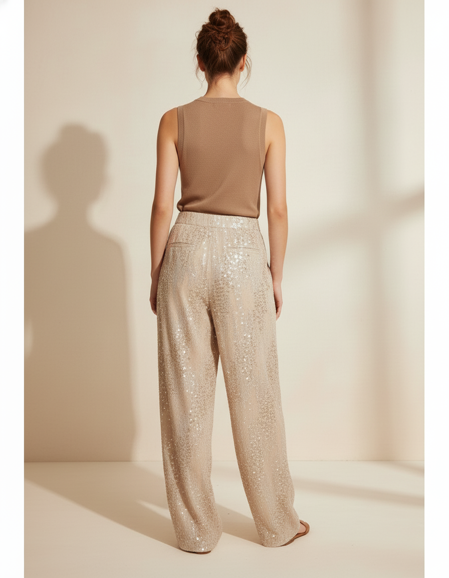 Pantalon Baggy Beige Pailleté Ample Brillant Femme - Polyester - vue 2