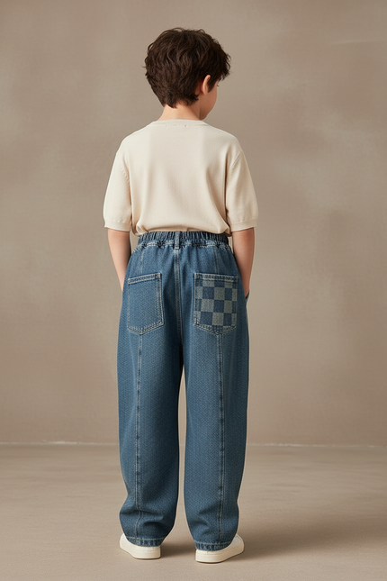 Pantalon Baggy Jean Denim Carreaux Décontracté Garçon - Bleu - vue 2