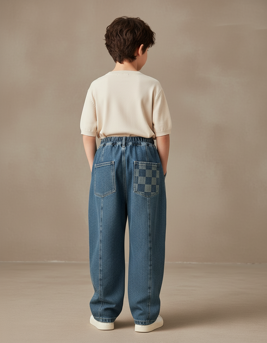 Pantalon Baggy Jean Denim Carreaux Décontracté Garçon - Bleu - vue 2