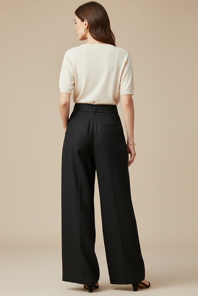 Pantalon Baggy Noir Lin Ample Taille Haute Fluide - vue 2