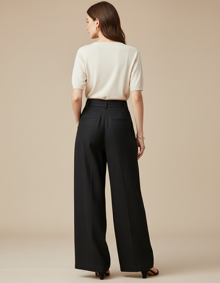 Pantalon Baggy Noir Lin Ample Taille Haute Fluide - vue 2