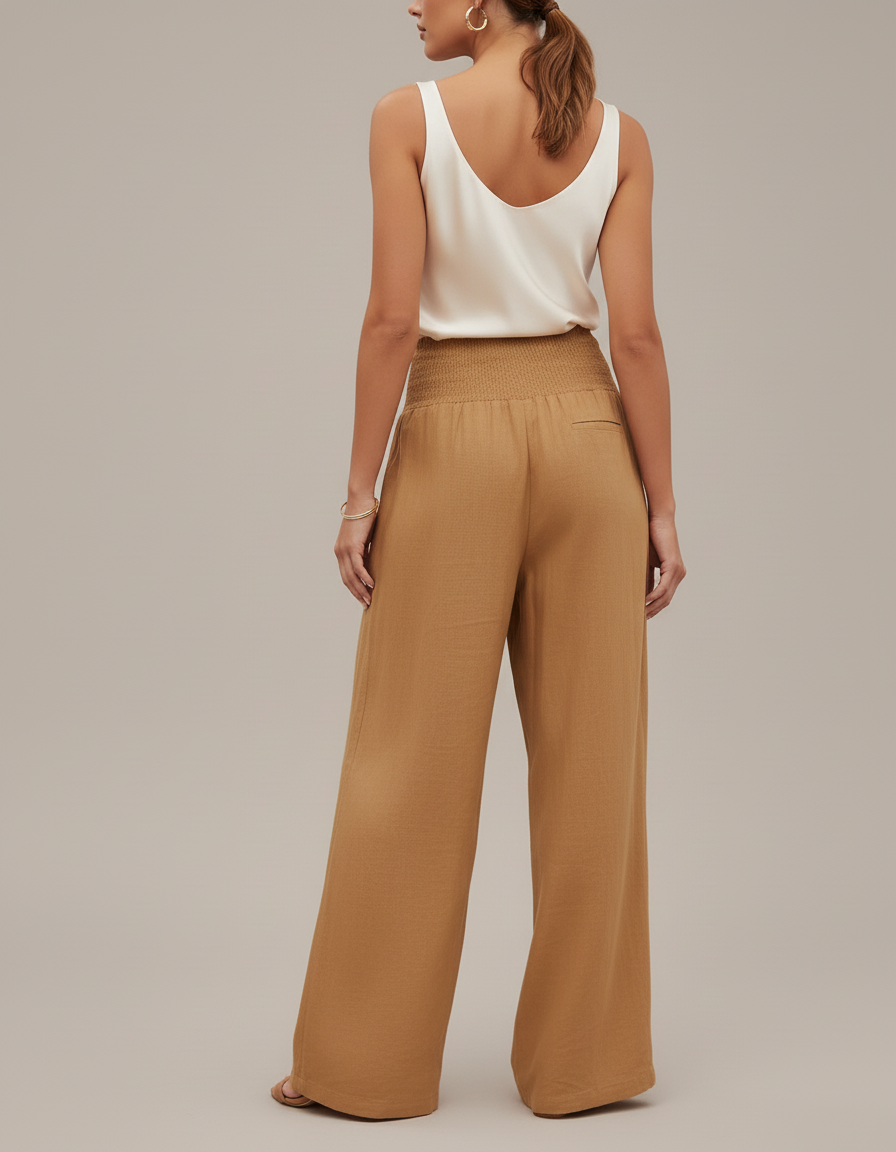 Pantalon Baggy Marron Ample Fluide Smocké Lin - Camel - vue 2