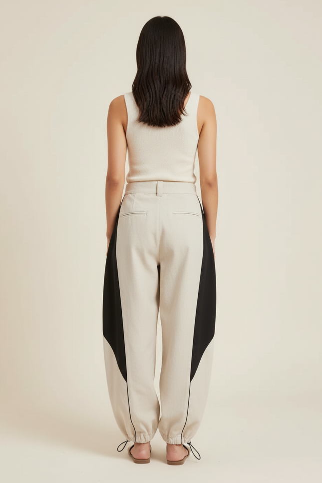 Pantalon Baggy Beige Noir Ample Bicolore Décontracté - Lin - vue 2