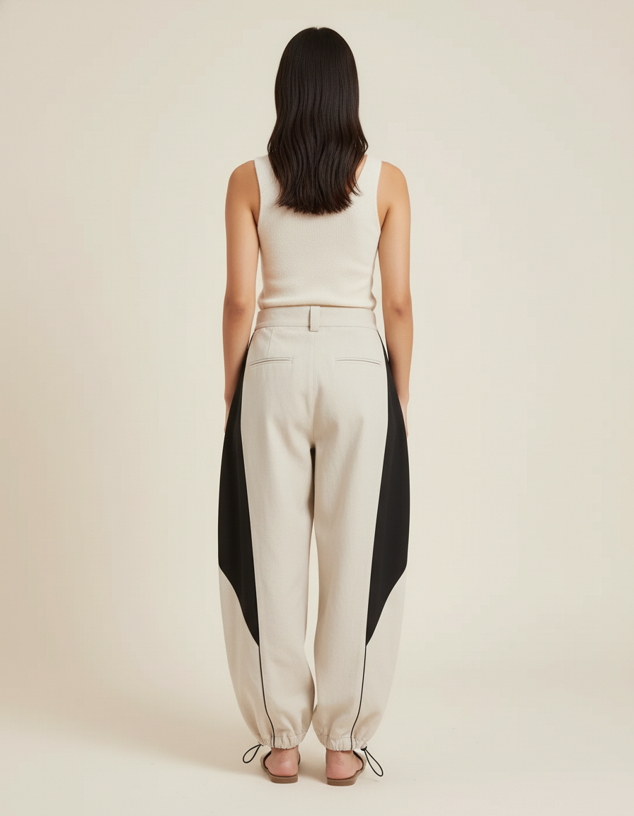 Pantalon Baggy Beige Noir Ample Bicolore Décontracté - Lin - vue 2