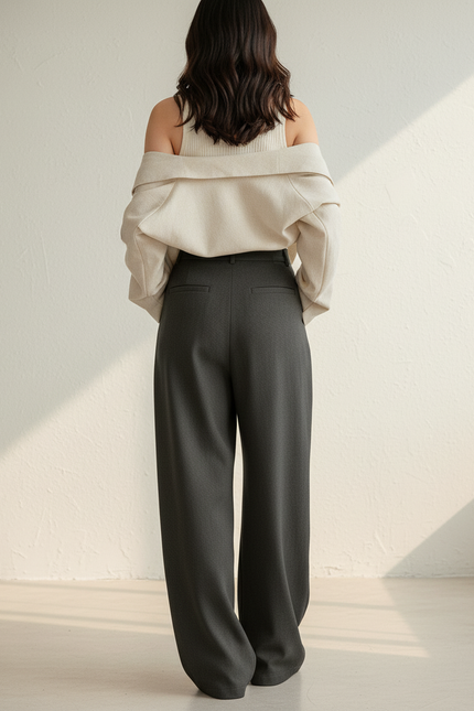 Pantalon Baggy Gris Ample Taille Haute Droit Élégant - Gabardine - vue 2