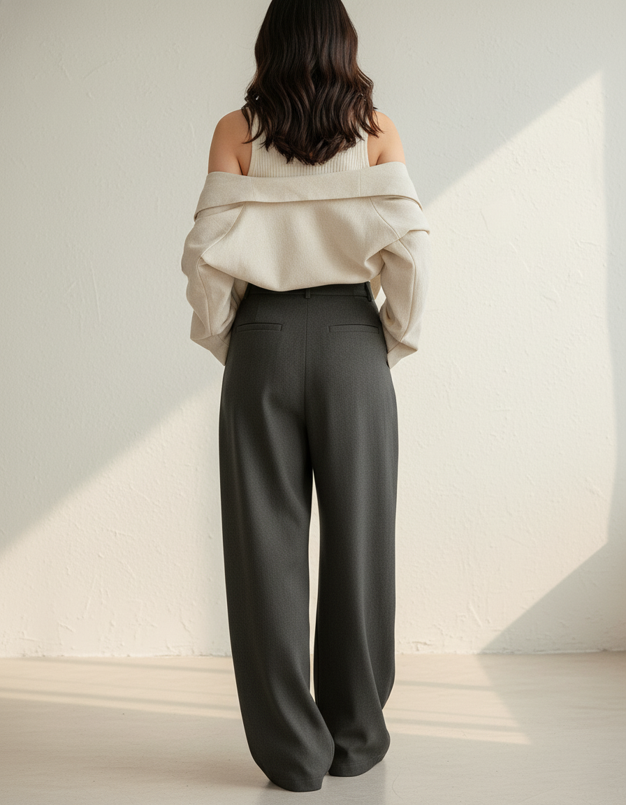 Pantalon Baggy Gris Ample Taille Haute Droit Élégant - Gabardine - vue 2