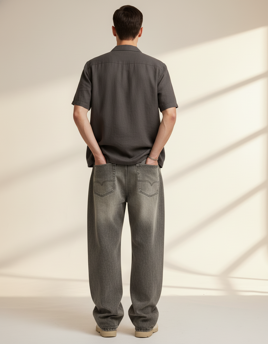Pantalon Baggy Denim Gris Délavé Ample Homme - Jean - vue 2