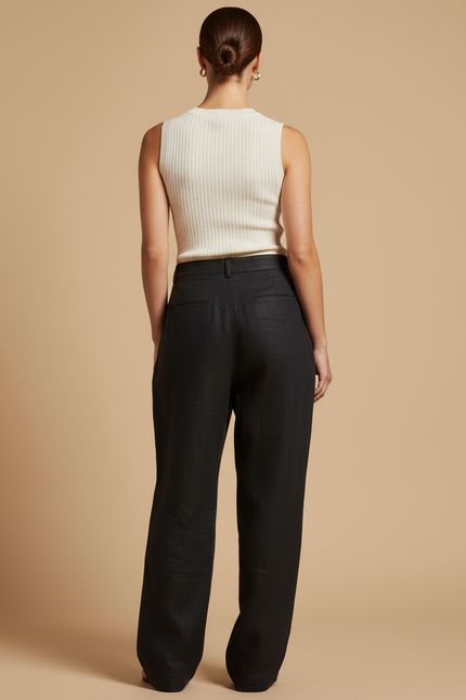 Pantalon Baggy Noir Lin Ample Plissé Élégant Femme - vue 2