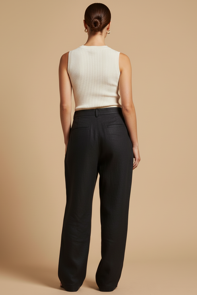 Pantalon Baggy Noir Lin Ample Plissé Élégant Femme - vue 2