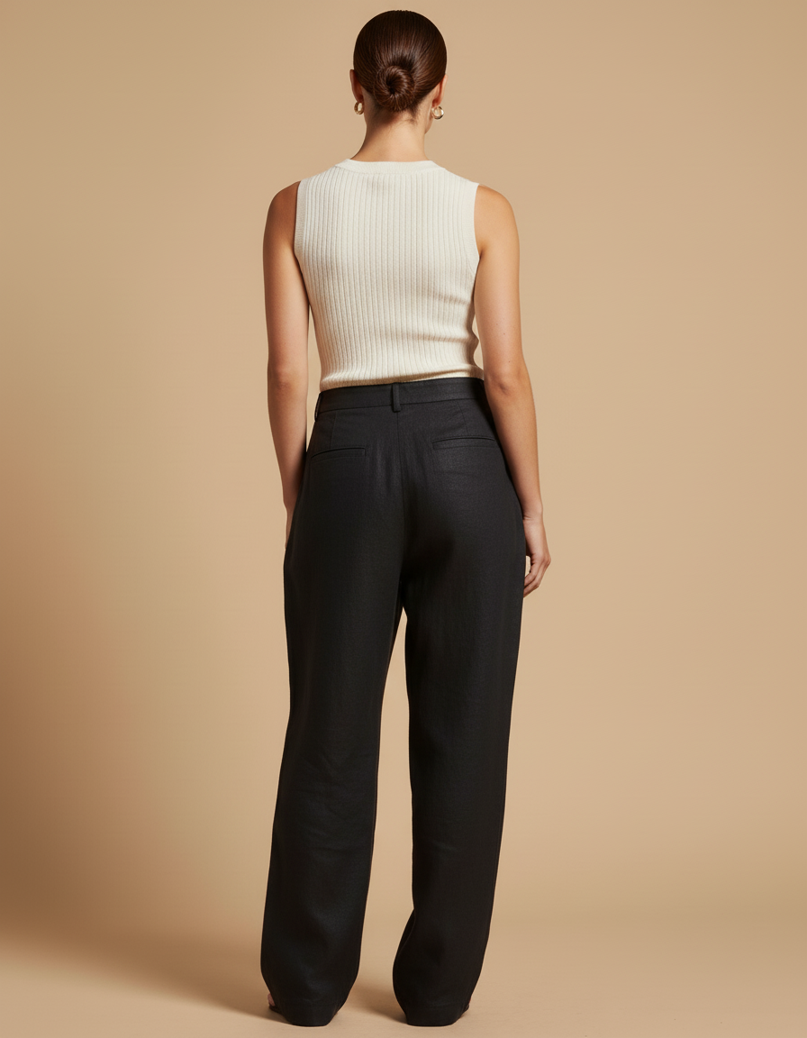 Pantalon Baggy Noir Lin Ample Plissé Élégant Femme - vue 2
