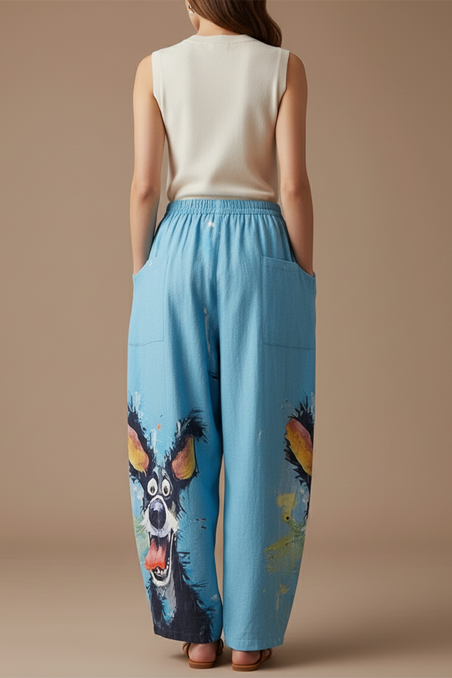 Pantalon Baggy Bleu Imprimé Chien Ample Confortable Femme - Toile - vue 2