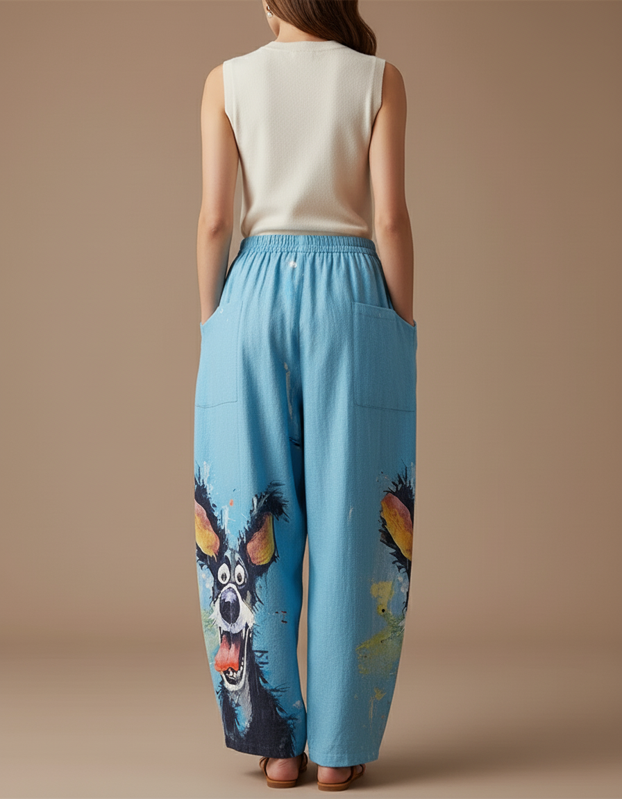 Pantalon Baggy Bleu Imprimé Chien Ample Confortable Femme - Toile - vue 2
