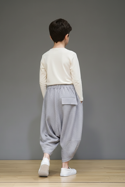 Pantalon Baggy Gris Rayé Ample Coton Enfant - vue 2
