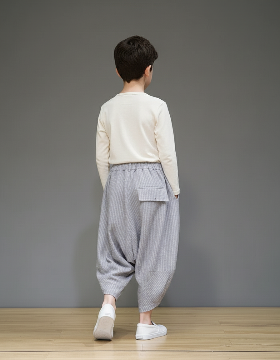 Pantalon Baggy Gris Rayé Ample Coton Enfant - vue 2