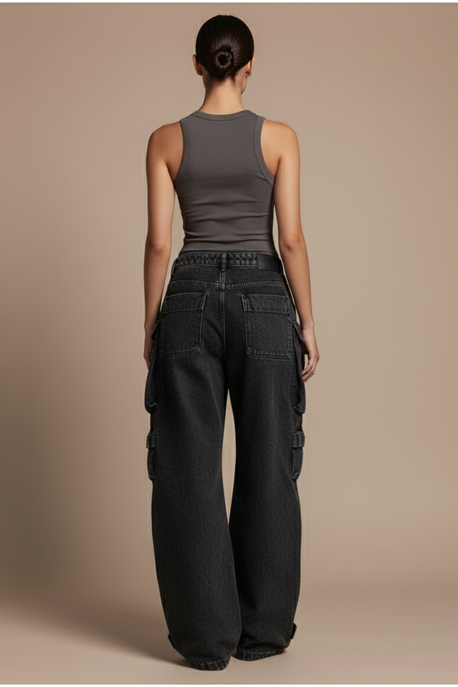 Pantalon Baggy Noir Denim Cargo Multi-Poches Large - Jean - vue 2