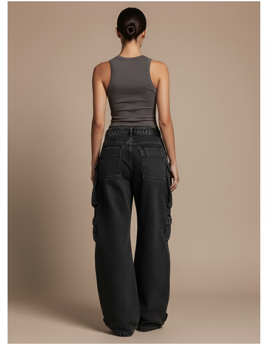 Pantalon Baggy Noir Denim Cargo Multi-Poches Large - Jean - vue 2