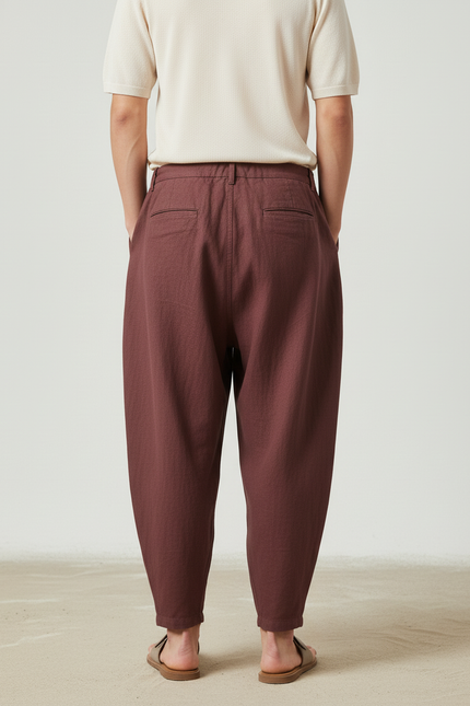 Pantalon Baggy Marron Lin Ample Plissé Décontracté Homme - vue 2