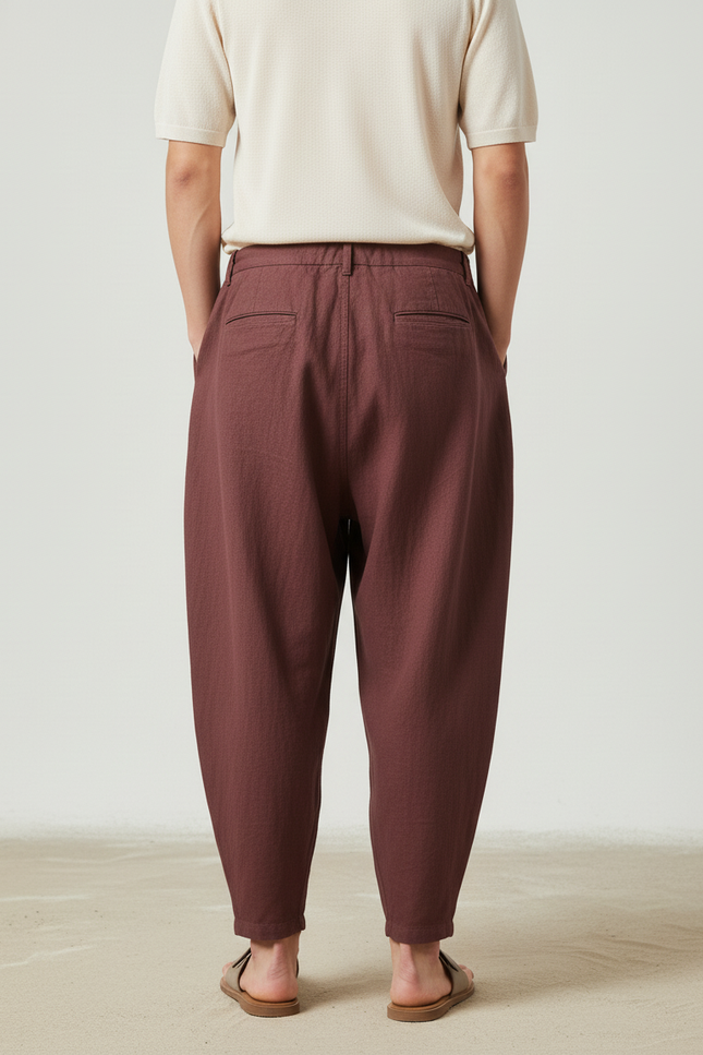Pantalon Baggy Marron Lin Ample Plissé Décontracté Homme - vue 2