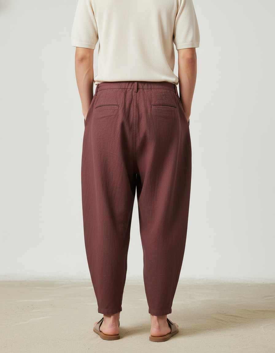 Pantalon Baggy Marron Lin Ample Plissé Décontracté Homme - vue 2