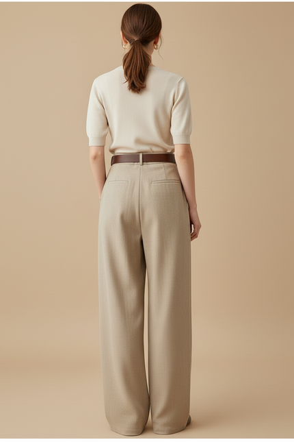 Pantalon Baggy Beige Ample Taille Haute Femme - Tweed - vue 2