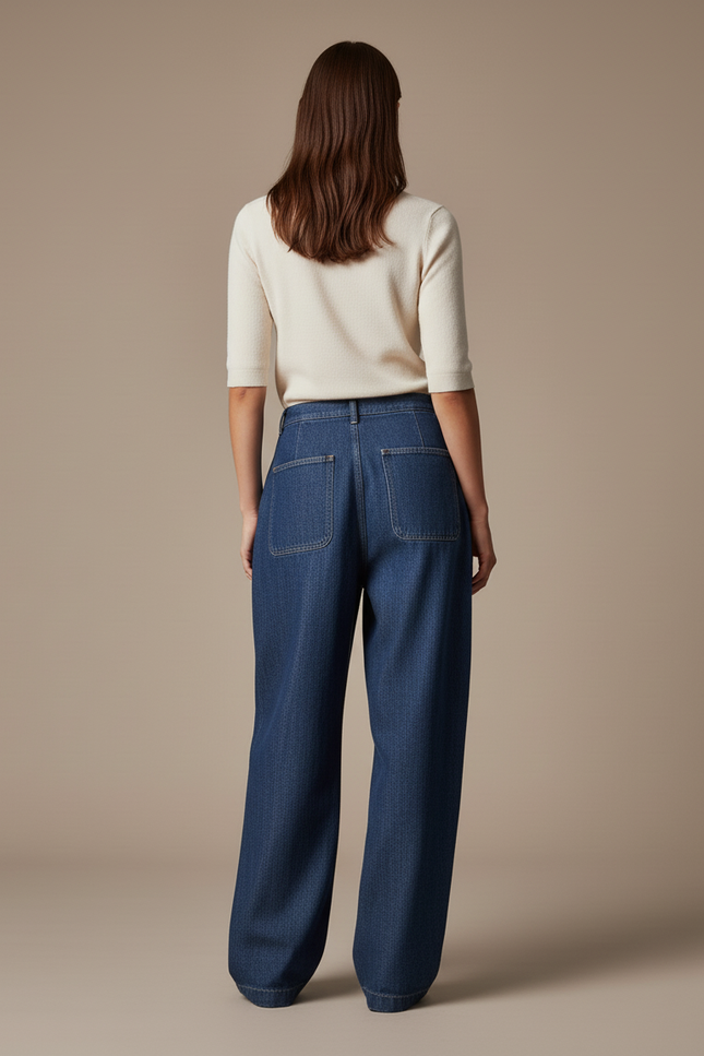 Pantalon Baggy Denim Plissé Large Bleu Décontracté - Jean - vue 2