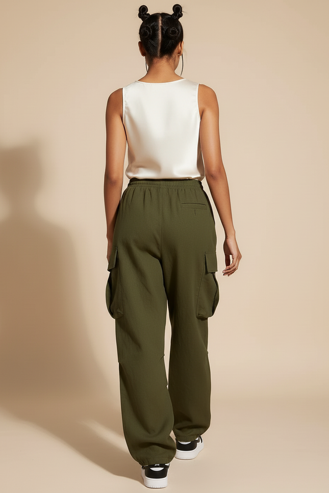 Pantalon Baggy Vert Kaki Ample Cargo Cordon - Toile - vue 2