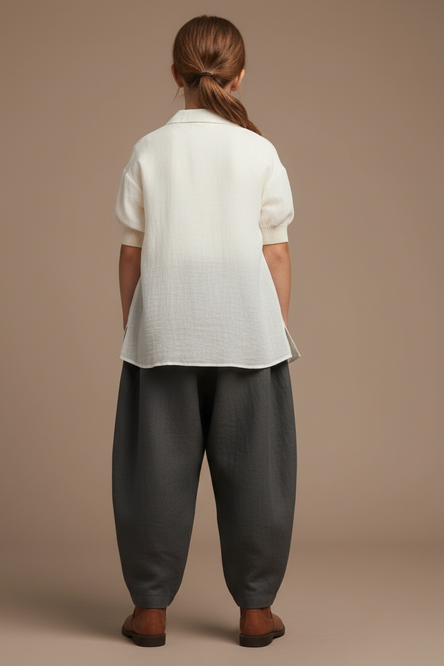 Pantalon Baggy Gris Ample Plissé Confortable Enfant - Lin - vue 2
