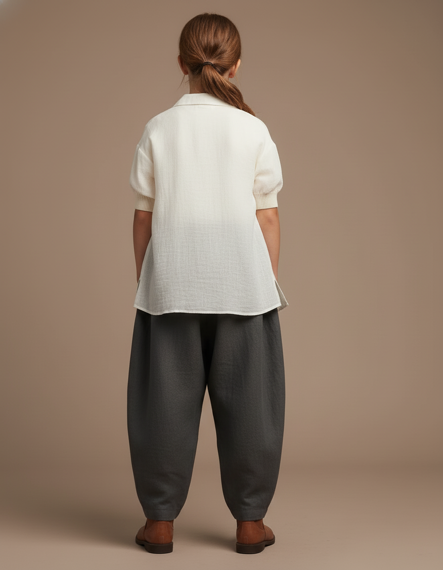 Pantalon Baggy Gris Ample Plissé Confortable Enfant - Lin - vue 2