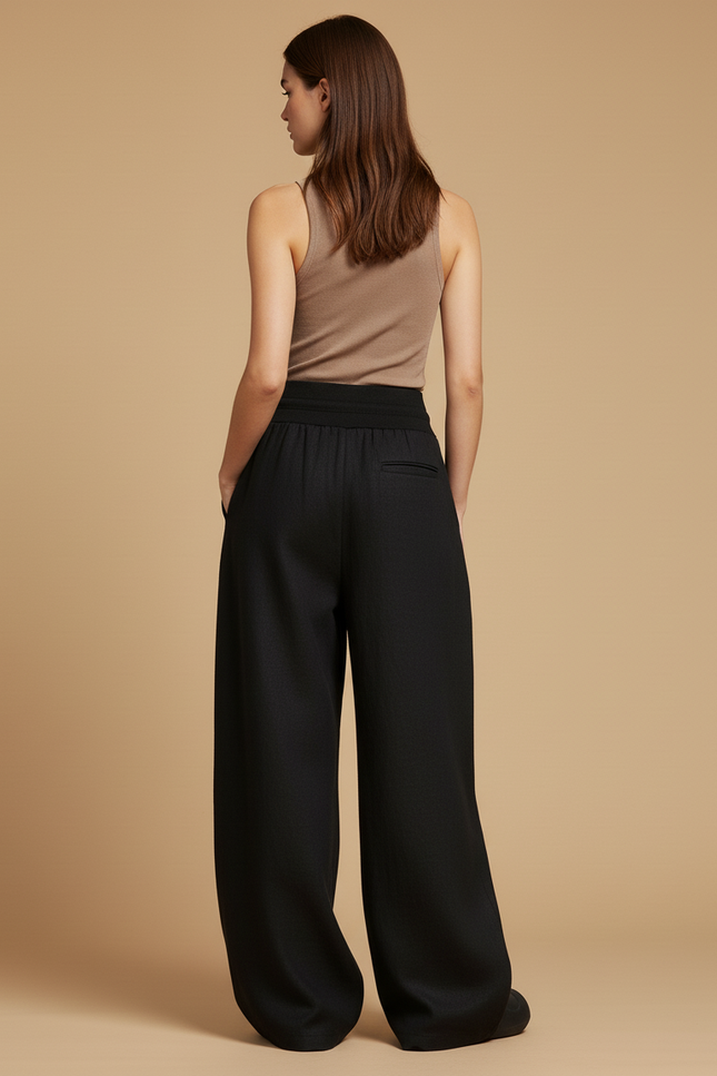 Pantalon Baggy Noir Ample Fluide Cordon Élégant - Lin - vue 2