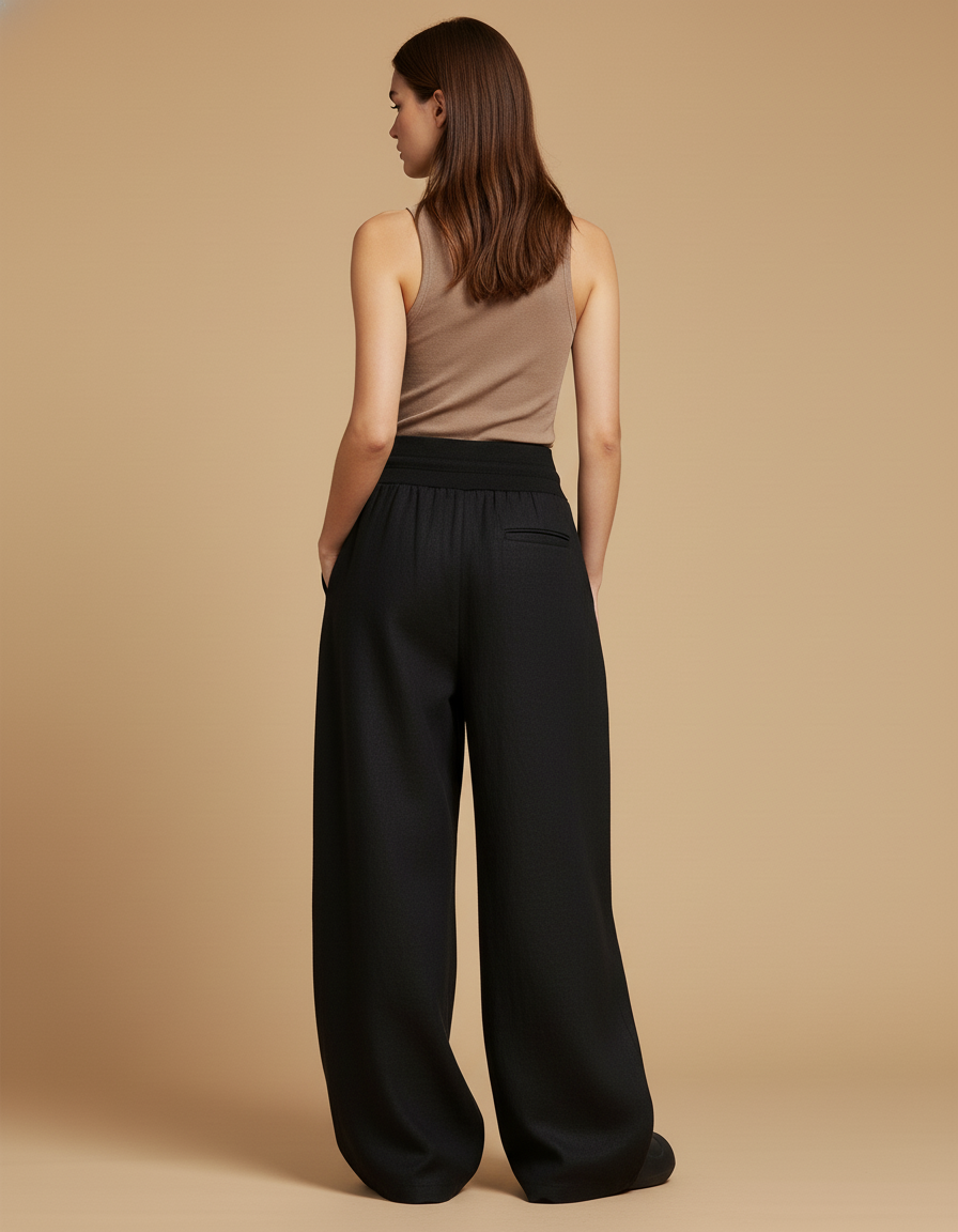 Pantalon Baggy Noir Ample Fluide Cordon Élégant - Lin - vue 2