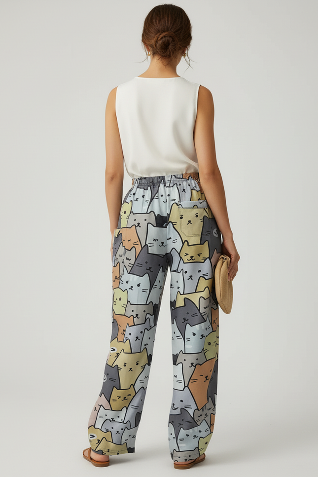 Pantalon Baggy Chat Imprimé Ample Décontracté Femme Fluide - Viscose - vue 2