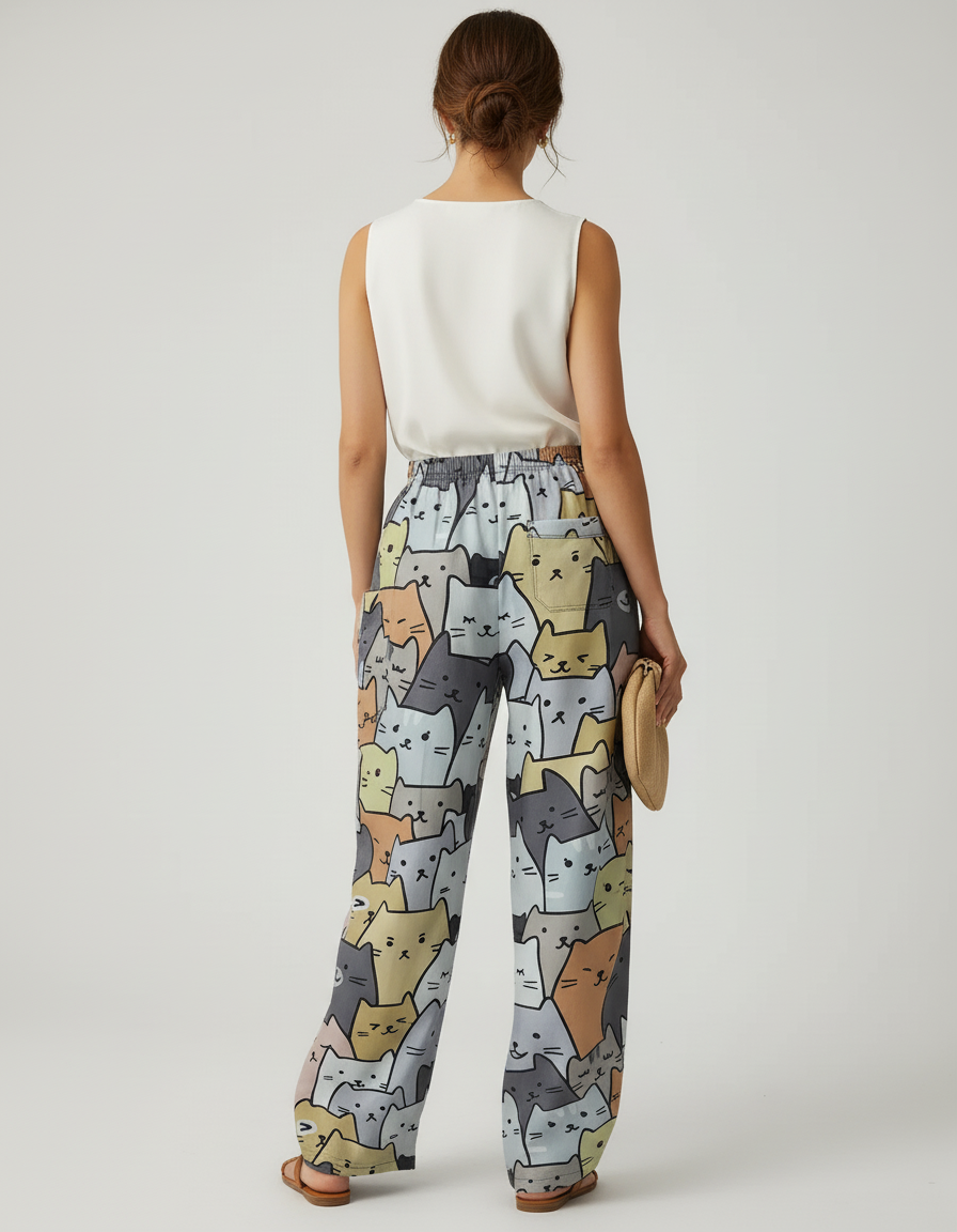 Pantalon Baggy Chat Imprimé Ample Décontracté Femme Fluide - Viscose - vue 2