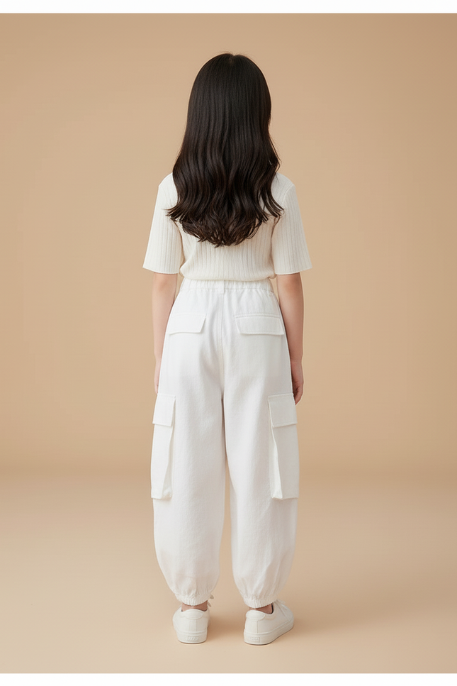 Pantalon Baggy Blanc Ample Cargo Cordon Fille - Lin - vue 2
