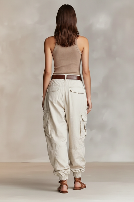 Pantalon Baggy Cargo Beige Ample Décontracté Femme - Toile - vue 2