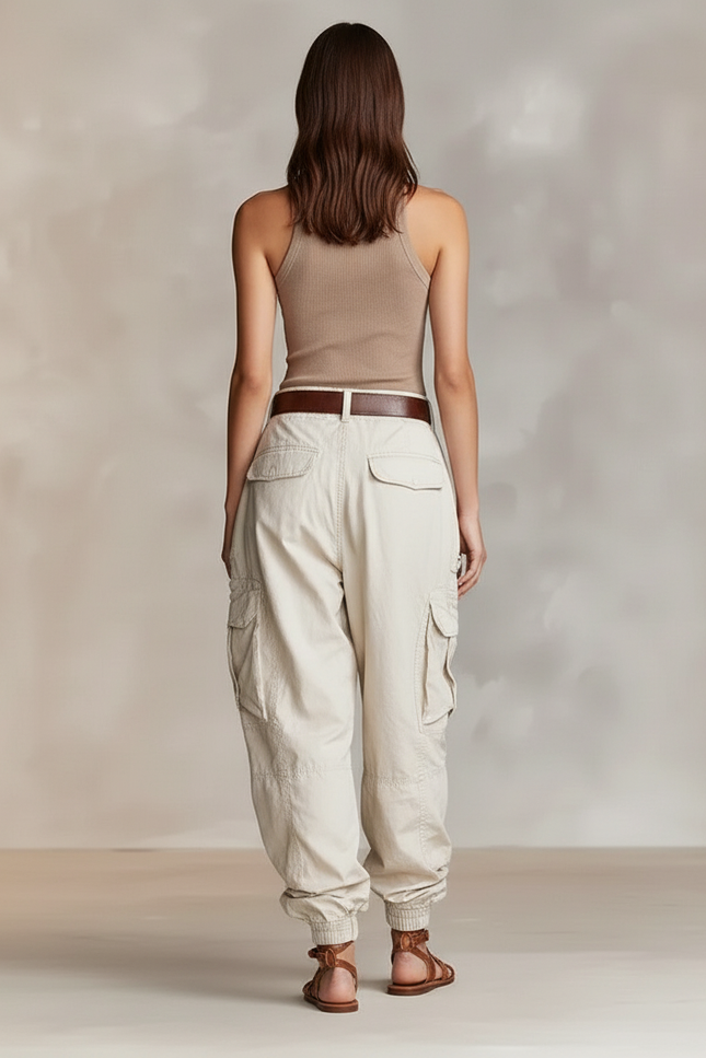 Pantalon Baggy Cargo Beige Ample Décontracté Femme - Toile - vue 2