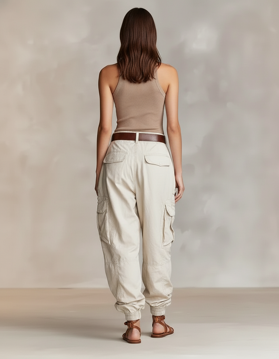 Pantalon Baggy Cargo Beige Ample Décontracté Femme - Toile - vue 2