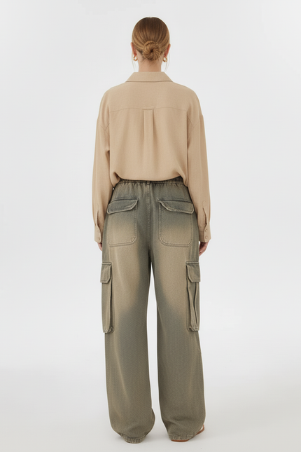 Pantalon Baggy Gris Délavé Ample Cargo Cordon Femme - Jean - vue 2