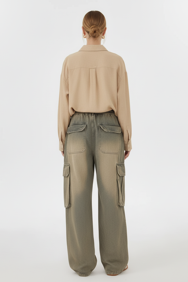 Pantalon Baggy Gris Délavé Ample Cargo Cordon Femme - Jean - vue 2