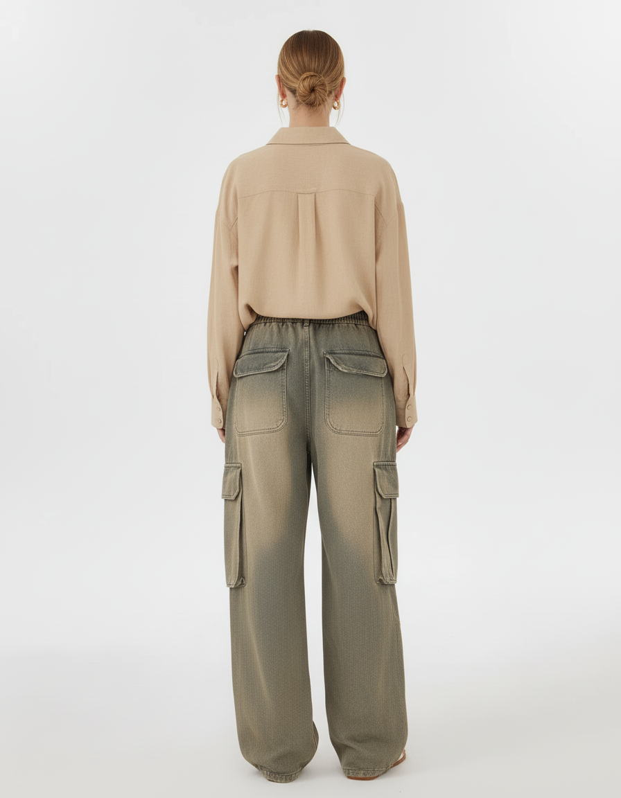 Pantalon Baggy Gris Délavé Ample Cargo Cordon Femme - Jean - vue 2