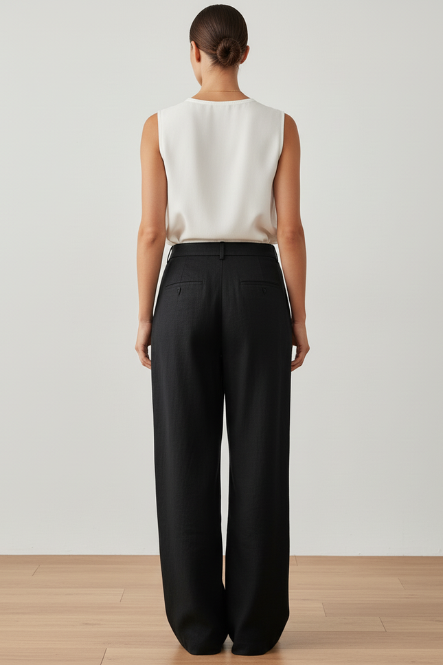 Pantalon Baggy Noir Lin Ample Plissé Fluide - vue 2