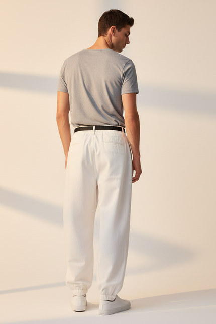 Pantalon Baggy Blanc Cassé Ample Coton Ceinturé - Beige - vue 2
