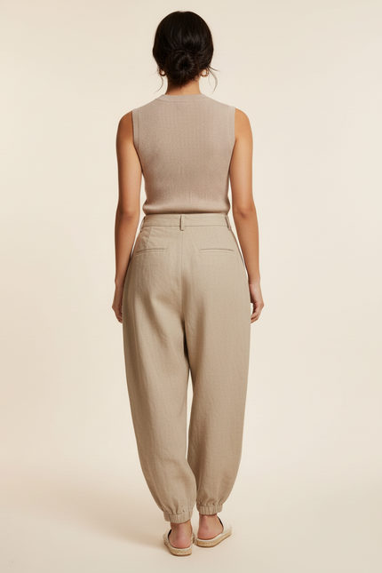 Pantalon Baggy Beige Lin Ample Plissé Confortable - vue 2