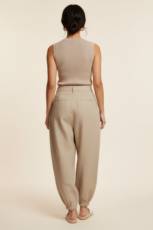 Pantalon Baggy Beige Lin Ample Plissé Confortable - vue 2