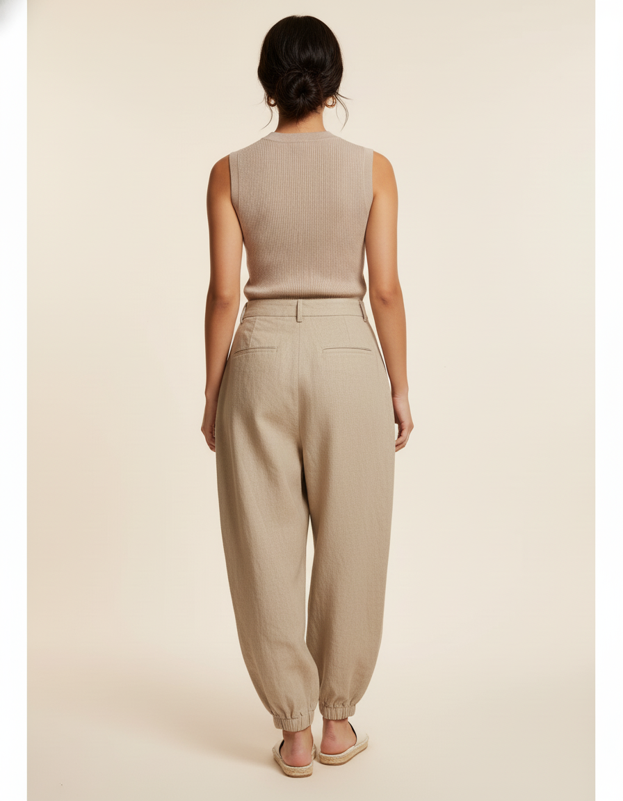 Pantalon Baggy Beige Lin Ample Plissé Confortable - vue 2