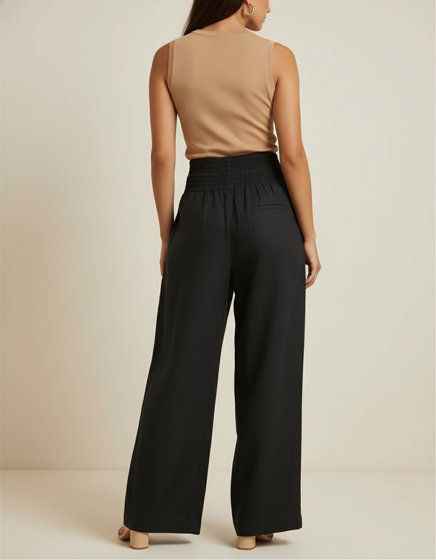 Pantalon Baggy Noir Lin Chaîne Taille Haute Fluide - vue 2