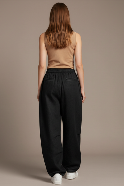 Pantalon Baggy Noir Ample Fluide Élastique Décontracté Femme - Viscose - vue 2