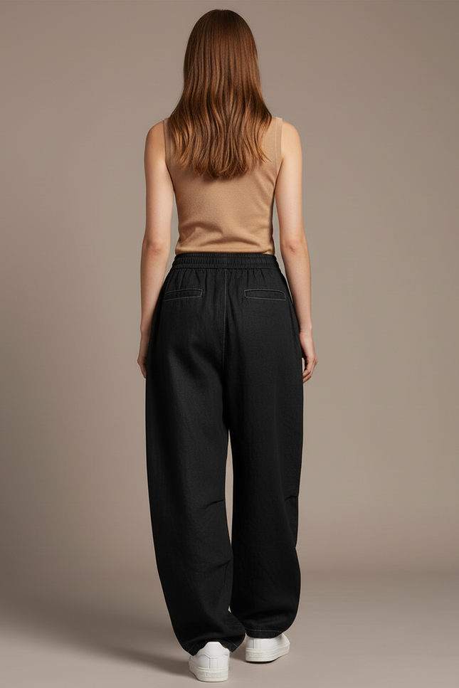 Pantalon Baggy Noir Ample Fluide Élastique Décontracté Femme - Viscose - vue 2