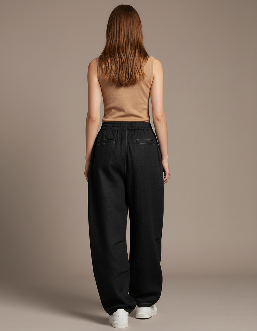 Pantalon Baggy Noir Ample Fluide Élastique Décontracté Femme - Viscose - vue 2